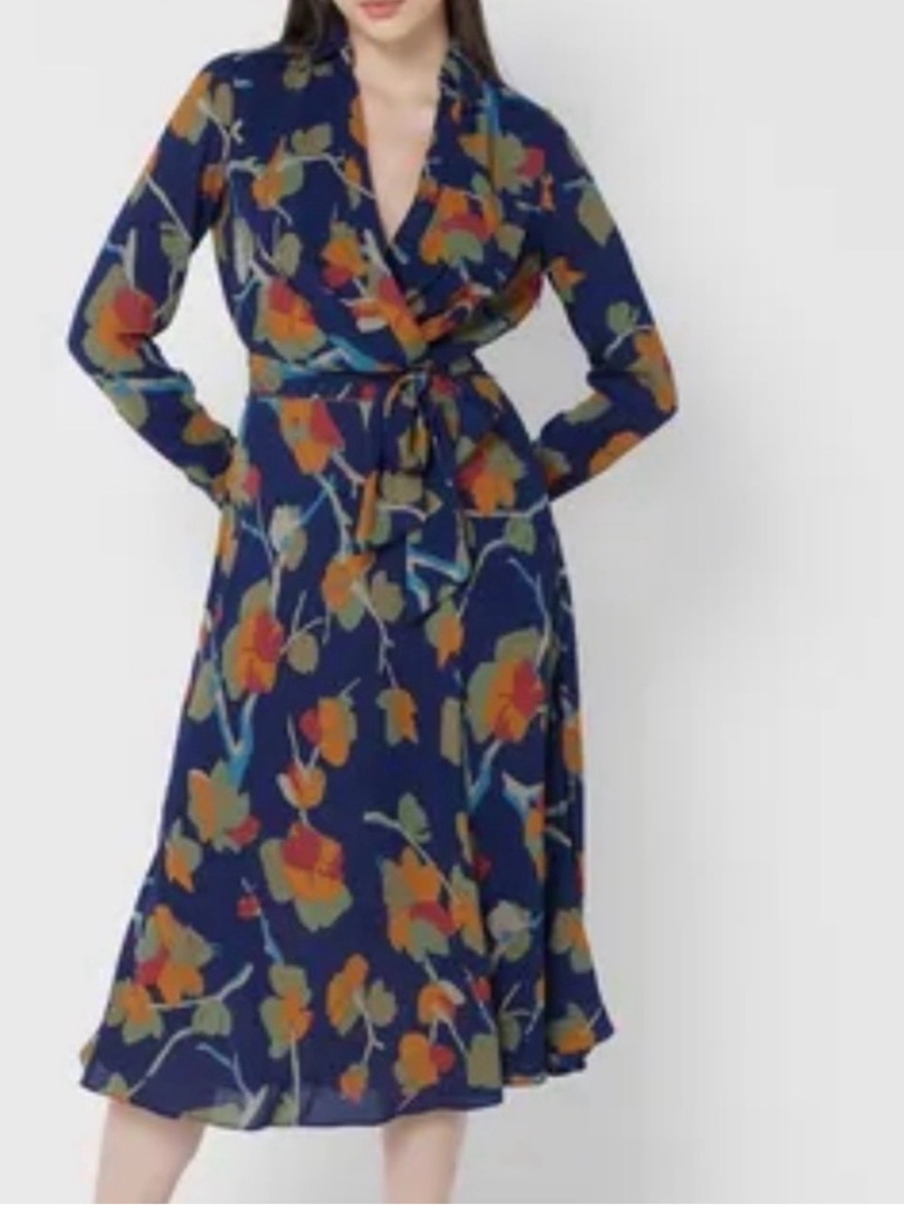 Ralph Lauren navy floral midi dress wrap top fit and flare 12